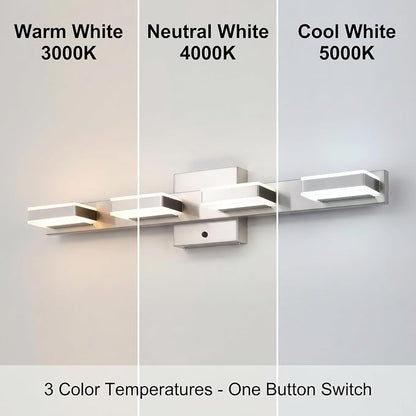 mirrea 24" 4 Light 3CCT LED Brushed Nickel Bathroom Vanity Light Fixture | Over Mirror,Bathroom lighting,3000K/4000K/5000K ,Dimmable,Rust-resistant,Moisture-resistant,Acrylic shade,Wall Mount