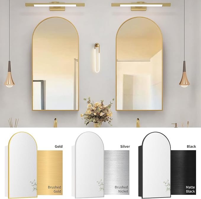 Arched Medicine Cabinet with Mirror Left or Right Opening,Bathroom Medicine Cabinet Wall Mounted,Bathroom Mirror with Storage and Adjustable Shelves,15.7x29.5 Not Recessed,Gold
