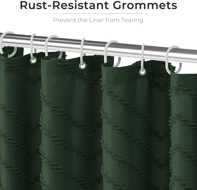 96inch Extra Long Dark Green Boho Shower Curtain Woven Fabric Shower Curtain Tufted Chervon Textured Shower Curtains Modern Minimalist Shower Curtains for Bathroom