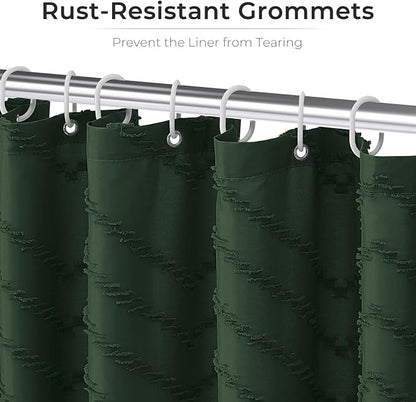 Dark Green Boho Shower Curtain 72 x 72 Inches Woven Fabric Shower Curtain Tufted Chervon Textured Shower Curtains Modern Minimalist Shower Curtains for Bathroom