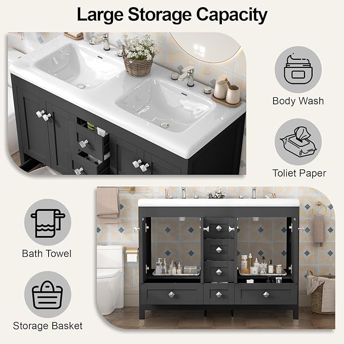 46.7 inch Bathroom Sink Vanity Combo, Large Freestanding Double Bath Vanity Sink Set with 2 Cabinets & 6 Drawers, Dual Basin Modern Bathroom Storage Cabinet, Black