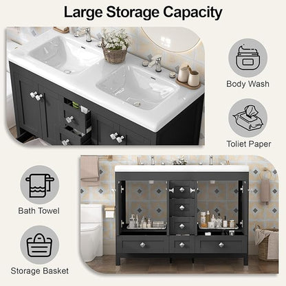 46.7 inch Bathroom Sink Vanity Combo, Large Freestanding Double Bath Vanity Sink Set with 2 Cabinets & 6 Drawers, Dual Basin Modern Bathroom Storage Cabinet, Black