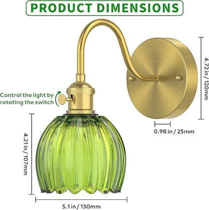2-Pack Wall Sconces Lights Lamp for Bedroom Bathroom, Modern Vanity Light Fixtures, Wall Mount Lighting Vintage Tulip Green Glass Shade for Living Room Mirror Hallway Kitchen