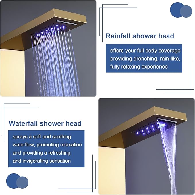 ROVATE LED Rainfall Waterfall Shower Panel Tower System with Shelf, Brushed Gold Shower Column Stainless Steel with Powerful Mist and Massage Body Jets, Handheld, Waterfall Tub Spout