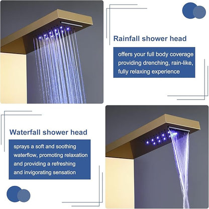 ROVATE LED Rainfall Waterfall Shower Panel Tower System with Shelf, Brushed Gold Shower Column Stainless Steel with Powerful Mist and Massage Body Jets, Handheld, Waterfall Tub Spout