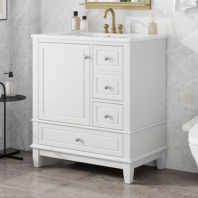 Merax Bathroom Vanity with Ceramic Sink 30 Inch, Cabinet with One Door and Three Drawers, Soft-Closing Door, Solid Wood Legs, White
