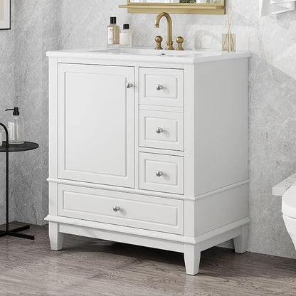 Merax Bathroom Vanity with Ceramic Sink 30 Inch, Cabinet with One Door and Three Drawers, Soft-Closing Door, Solid Wood Legs, White