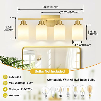 4-Light Bathroom Light Fixtures, Brushed Gold Vanity Lights with Milk Glass Shades, Modern Bathroom Wall Lamp for Mirror Living Room Bedroom Porch
