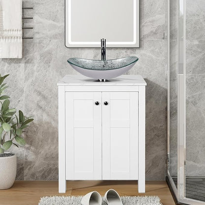 24 Inch White Bathroom Vanity with Marble Texture Top, Traditional Standing Pedestal Cabinet with Silver Boat Glass Sink