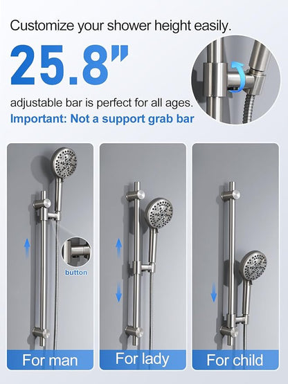 Woindo Shower Faucet Set with Slide Bar, 12" Rain Shower Head/8'' Side Shower Head and 10 Setting Handheld Ceiling Mount 3 Push Button Diverter Complete Rainfall Shower System Included Valve Trim Kit