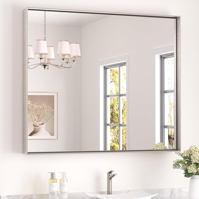 Keonjinn 42x36 Inch Nickel Bathroom Mirror for Over Sink, Rectangular | HD Tempered Glass, Vanity Mirror, Brushed Framed, Square Corner, Modern Farmhouse, Wall Mounted Mirrors, Aluminum Alloy