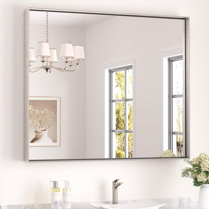 Keonjinn 42x36 Inch Nickel Bathroom Mirror for Over Sink, Rectangular | HD Tempered Glass, Vanity Mirror, Brushed Framed, Square Corner, Modern Farmhouse, Wall Mounted Mirrors, Aluminum Alloy