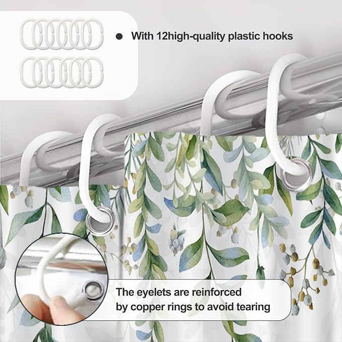AWERT Green Mixed Light Blue Plant Shower Curtain with 10 Hooks Decorative Sage Green Shower Curtain for Bathroom Waterproof Fabric 60x72inch