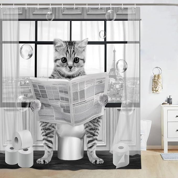 Cute Cat Shower Curtain, Funny Cat Reading on Toilet Shower Curtain Set, Black White Grey Fabric Shower Curtains for Kids Bathroom with Hooks 72X72inches