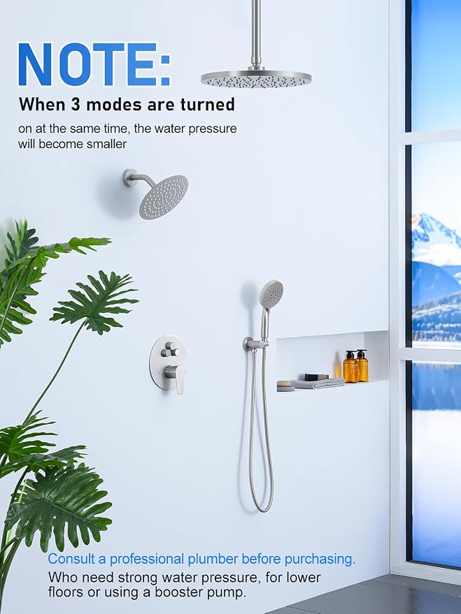 Woindo Shower Faucet Set 10" Rain Shower Head/8'' Side Shower Head and 3 Setting Handheld Ceiling Mount 3 Push Button Diverter Complete Rainfall Round Shower System Included Valve Trim Kit