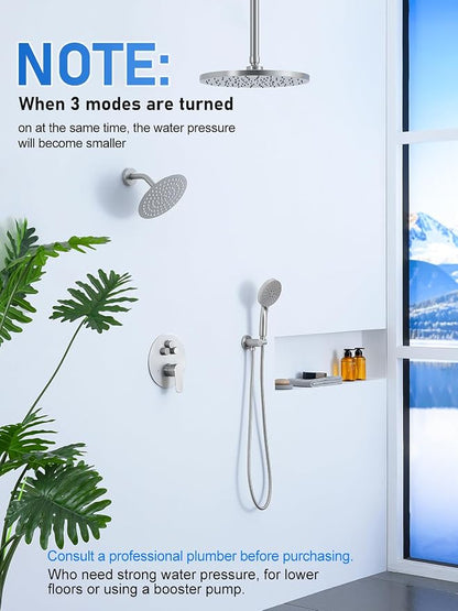 Woindo Shower Faucet Set 10" Rain Shower Head/8'' Side Shower Head and 3 Setting Handheld Ceiling Mount 3 Push Button Diverter Complete Rainfall Round Shower System Included Valve Trim Kit
