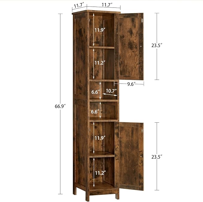 67" Tall Bathroom Cabinet with 2 Adjustable Shelves and 2 Doors, Narrow Bathroom Storage Cabinet for Small Space, Living Room, Entryway, Kitchen, Rustic Brown