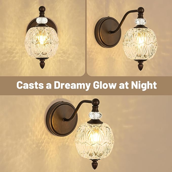 1 Piece Vintage Wall Sconce, 1-Light Mid Century Oil Rubbed Bronze Finish Wall Sconce with Globe Glass Shade, Retro Light for Bathroom, Bedroom, Living Room,Powder Room
