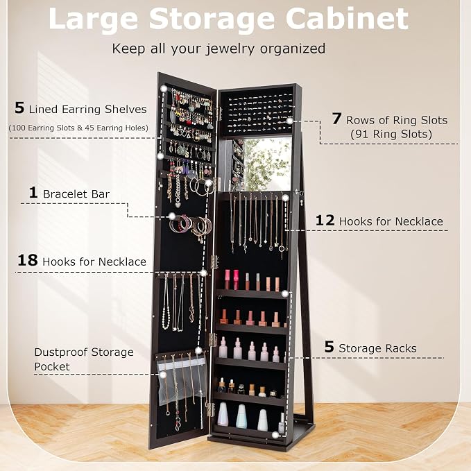 CHARMAID Jewelry Armoire Cabinet with 62" Tall Full Length Mirror, 2-in-1 Lockable Standing Jewelry Organizer with Large Storage Capacity, Inside Makeup Mirror, Stable Base, Easy Assembly (Espresso)