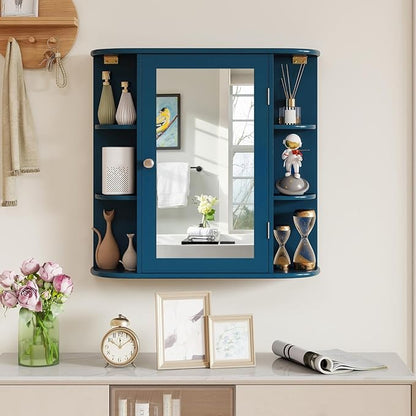 Tangkula Bathroom Medicine Cabinet with Mirror, Wall Mounted Home Storage with Door & 6 Open Shelves, Adjustable Shelves, Mirrored Bathroom Wall Cabinet (Blue)