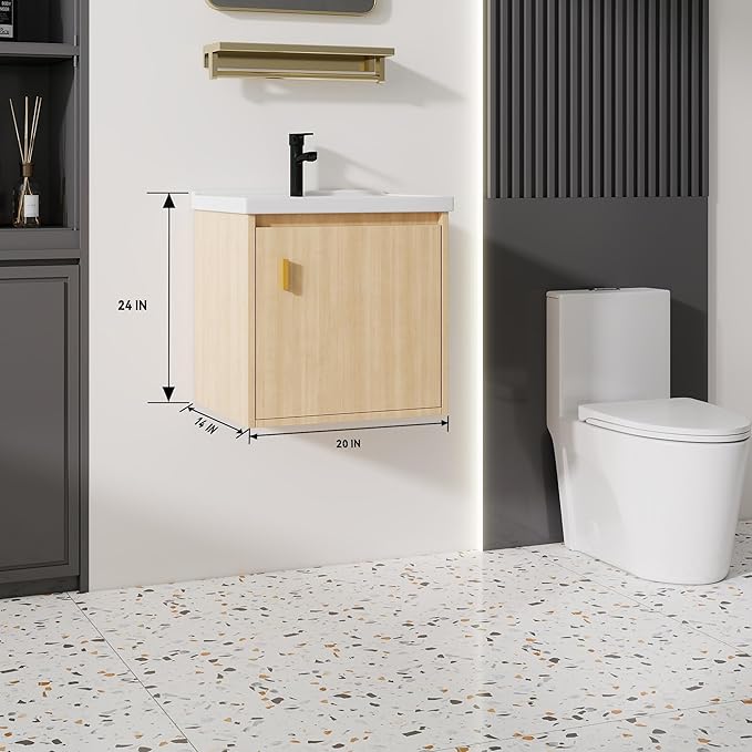 20'' Bathroom Vanity with Ceramic Sink Combo, Wall Mounted Small Bathroom Vanity with Soft-Close Door Modern Floating Cabinet, Pop-up Drain, P-Trap Included, Walnut(No Faucet)