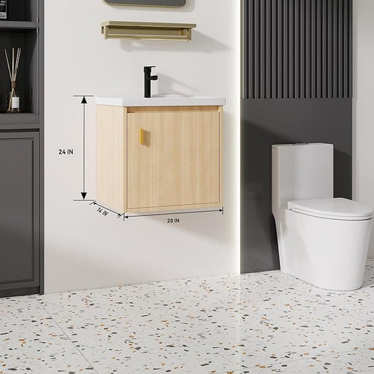 20'' Bathroom Vanity with Ceramic Sink Combo, Wall Mounted Small Bathroom Vanity with Soft-Close Door Modern Floating Cabinet, Pop-up Drain, P-Trap Included, Walnut(No Faucet)