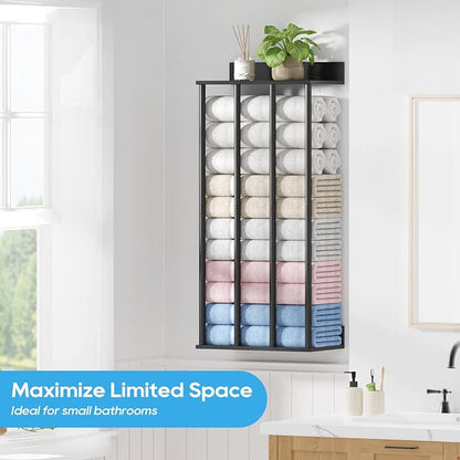 Wall Mounted 4-Bar Towel Rack with Wooden Shelf, Bathroom Storage Holder | Large Bathroom Towel Storage Rack for Rolled Towels, Modern Black Metal Towel Organizer Shelf with Wooden Storage Shelf