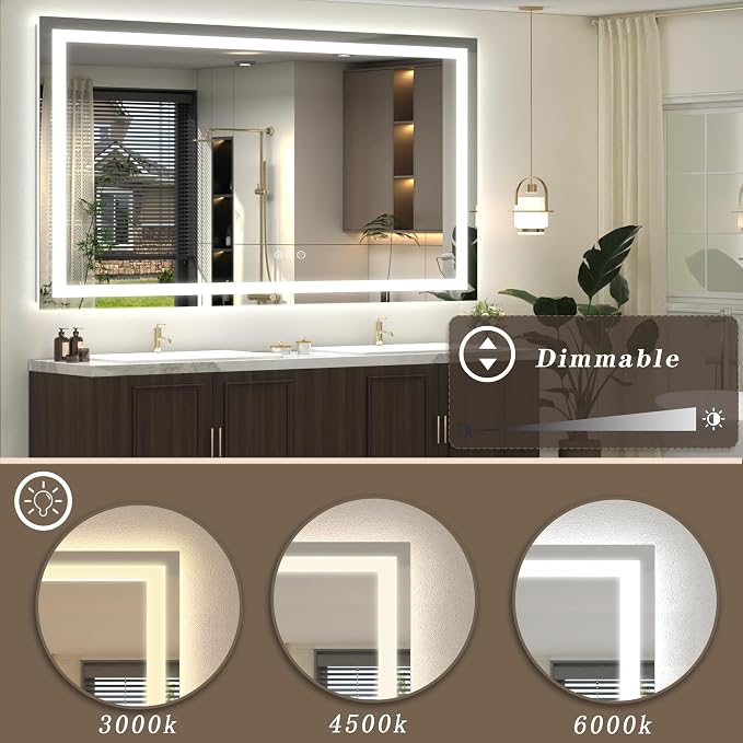 72x40 LED Lighted Bathroom Mirror for Vanity Wall | Front Light and Backlit, Anti-Fog, Memory, 3 Color, Tempered Glass, Dimmable, Rectangular, UL, Horizontal/ Vertical Mounted
