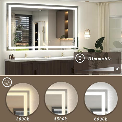 72x40 LED Lighted Bathroom Mirror for Vanity Wall | Front Light and Backlit, Anti-Fog, Memory, 3 Color, Tempered Glass, Dimmable, Rectangular, UL, Horizontal/ Vertical Mounted