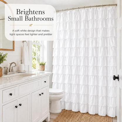 White Ruffle Shower Curtain for Bathroom, 72X84, Layered Ruffles Texture | Vintage Chic Farmhouse Style, 72 x 84 Inch, Soft Microfiber, 12 Hook Includ, Machine Washable Fabric, Affordable Luxury Feel