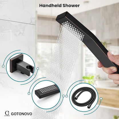 gotonovo Bathtub Shower Faucet Set, 12 Inch Shower Head, Oil Rubbed Bronze | Wall Mounted Shower System with Tub Spout for Bathroom, Square High Pressure Rain Shower head with Handheld Spray, All Metal
