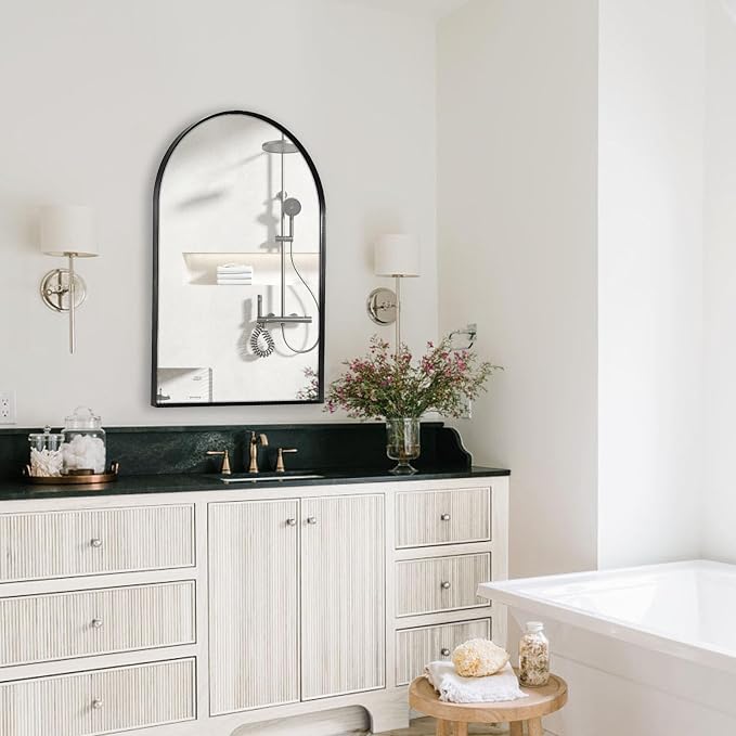 Black Arched Mirror 28x36in, Metal Framed Bathroom Vanity Wall | Tempered Glass, Shatter Proof, Living Room Bedroom Entryway, Modern Elegant Design