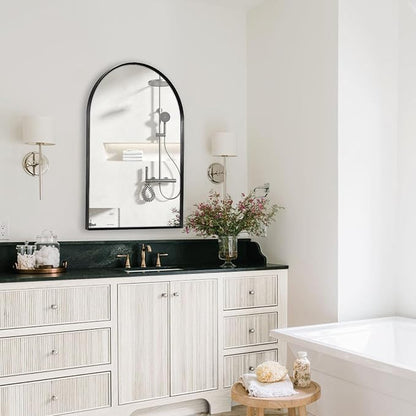 Black Arched Mirror 28x36in, Metal Framed Bathroom Vanity Wall | Tempered Glass, Shatter Proof, Living Room Bedroom Entryway, Modern Elegant Design