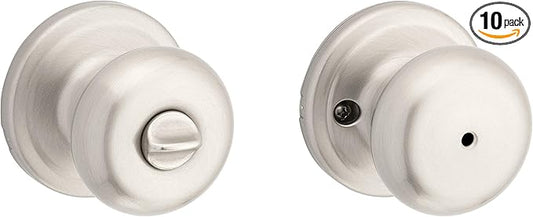 Kwikset Juno Interior Privacy Door Knob with Lock, Door Handle for Bathroom and Bedroom, Satin Nickel Keyless Turn Lock Doorknob, with Microban Protection (Pack of 10)