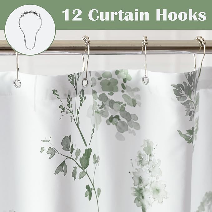 Extra Long 72x84 Inch Shower Curtains for Bathroom,Fabric Waterproof White and Sage Green Boho Floral Pattern Farm House Cottagecore Shower Curtain 72 x 84 in Length