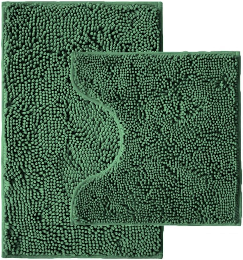 Bathroom Rugs Sets 2 Piece,Super Absorbent Chenille Bath Mats and U-Shaped Toilet Rug,Strong PVC Non Slip Backing,Microfiber Washable Dry Quickly Bath Mats for Bathroom(20"x32"+20"x20"U, Dark Green)