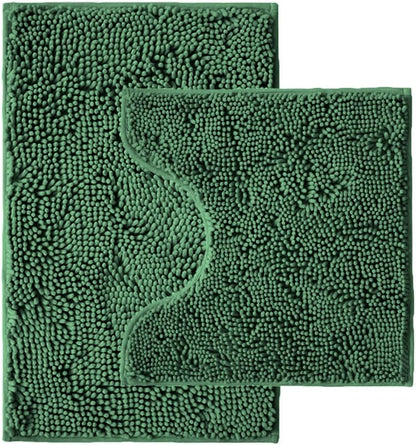 Bathroom Rugs Sets 2 Piece,Super Absorbent Chenille Bath Mats and U-Shaped Toilet Rug,Strong PVC Non Slip Backing,Microfiber Washable Dry Quickly Bath Mats for Bathroom(20"x32"+20"x20"U, Dark Green)