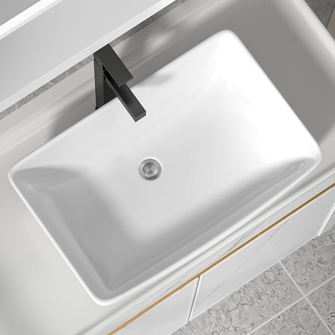 24"x15" Bathroom Vessel Sink Rectangular - White Porcelain Ceramic Rectangle Above Counter Vanity Lavatory Bath Sink Art Basin