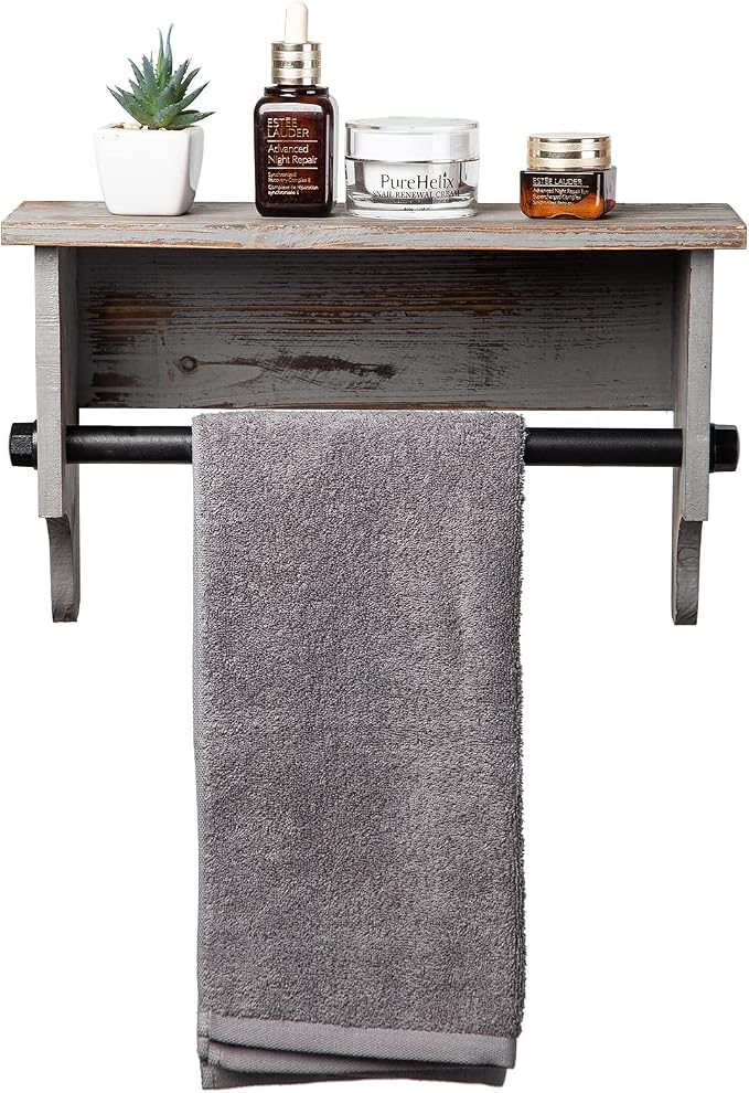 Wall Mounted Bathroom Towel Rack Torched Wood Rustic Brown Hanging Floating Shelf Industrial Black Metal Pipe Bar Restroom Organizer Robe Shampoo Body Wash Holder Clothing Kitchen Storage Home