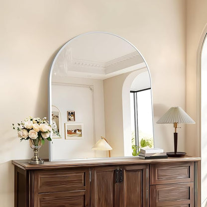 COFENY Arched Mirror, 30’’x36’’ Silver Arch Mirrors for Bathroom Sink, Bathroom Vanity Mirror with Metal Frame, Modern Wall Mounted Mirror for Bedroom Living Room Mantle Entryway
