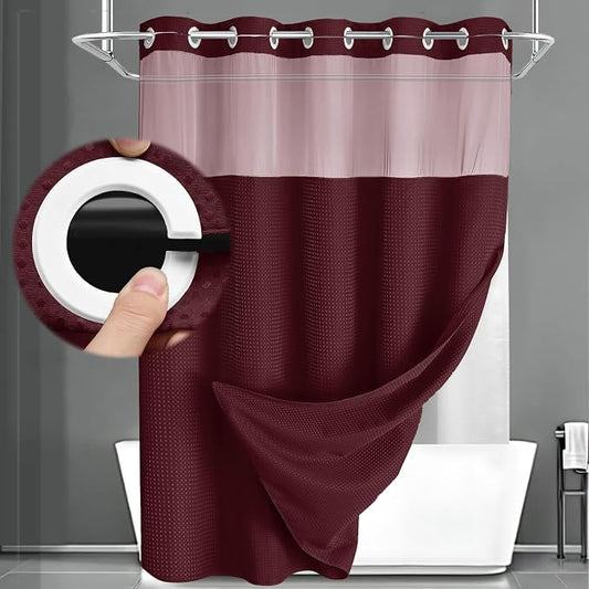 No Hook Shower Curtain with Liner Set Hotel Waffle Burgundy 72W X 75L | Washable Snap in Fabric Liner, Mesh Top Window, Waffle Hotel Style Shower Curtain Set