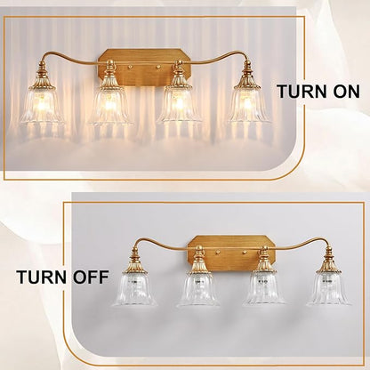 Bathroom Vanity Gold Light Fixture, 4 Lights Bathroom Lighting Matte Antique Brass Finish with Crystal Glass Shade, Gold Vintage Vanity Light for Bathrooms