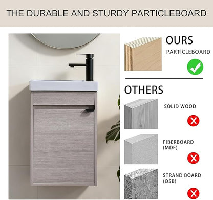 16 Inch Bathroom Vanity with Sink Combo, Wall Mounted Cabinet Set with 1 Door and White Ceramic Basin Sink Top, Forest Oak Floating Bathroom Vanity for Small Space