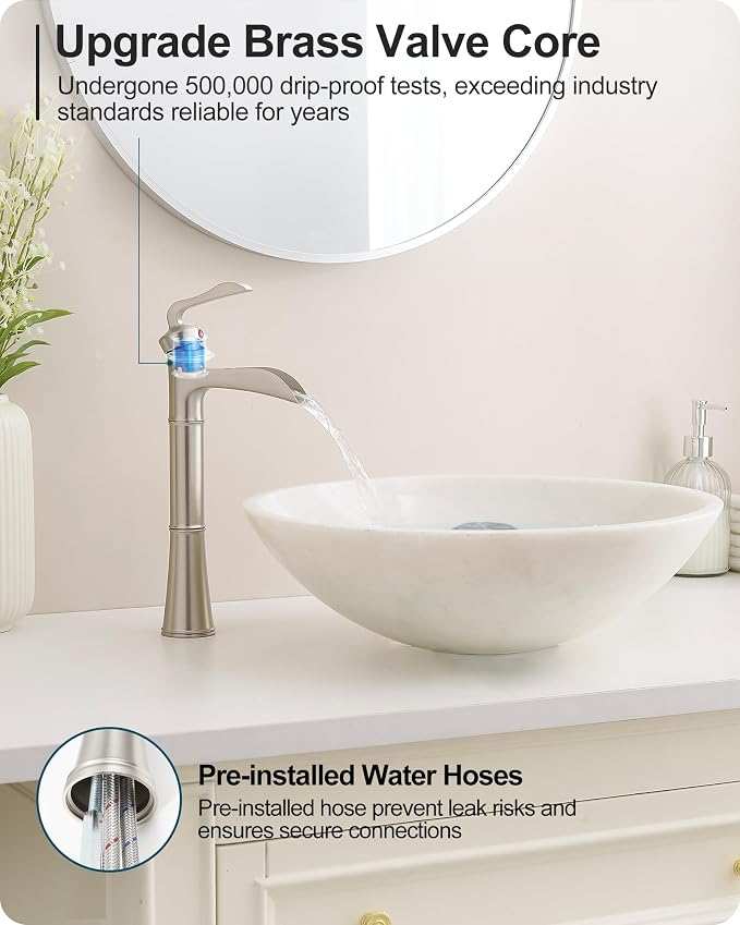 Brass Vessel Sink Faucet Brushed Nickel, Waterfall Bathroom Sink Faucet 1 Hole, Single Handle Bathroom Faucet, Tall Faucet for Bathroom Sink with Pop-Up Drain & Water Hoses for Save Water