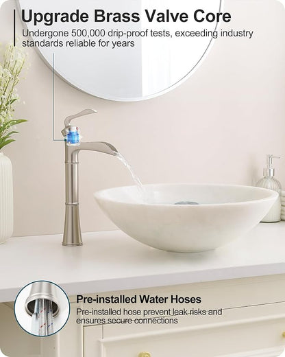 Brass Vessel Sink Faucet Brushed Nickel, Waterfall Bathroom Sink Faucet 1 Hole, Single Handle Bathroom Faucet, Tall Faucet for Bathroom Sink with Pop-Up Drain & Water Hoses for Save Water