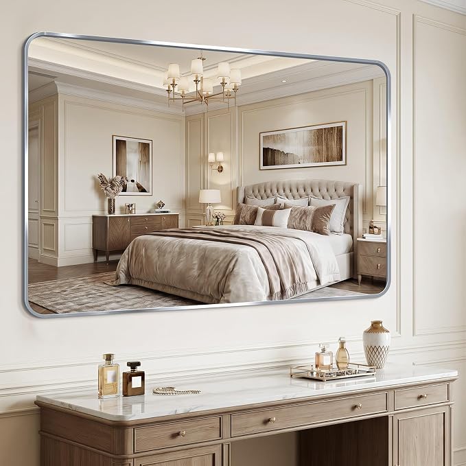 Bathroom Mirror, 30X55 Brushed Black Metal Framed Wall-Mounted Mirror for Over Sink, HD Tempered Glass, Anti-Rust, Rounded Rectangle Mirror for Restroom, Bedroom, Hangs Horizontal or Vertical, Silver