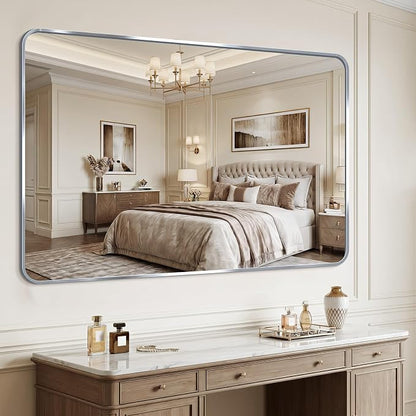 Bathroom Mirror, 30X55 Brushed Black Metal Framed Wall-Mounted Mirror for Over Sink, HD Tempered Glass, Anti-Rust, Rounded Rectangle Mirror for Restroom, Bedroom, Hangs Horizontal or Vertical, Silver