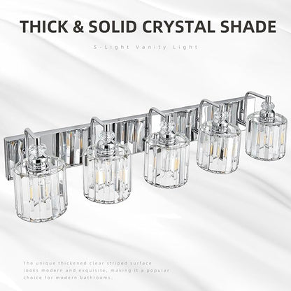 5-Light Modern Bathroom Light Fixture Chrome Bathroom Vanity Lights Over Mirror Wall Sconce Lighting with K9 Crystal Shades E26 Base for Bedroom, Living Room, Hallway Wall Lamp