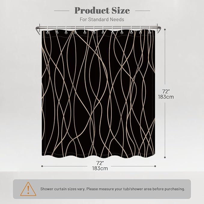 Striped Shower Curtain for Bathroom, Black Brown, 72" W x 72" L | with Hooks, Modern Hotel Style, Water Repellent, Washable, Weighted Hem