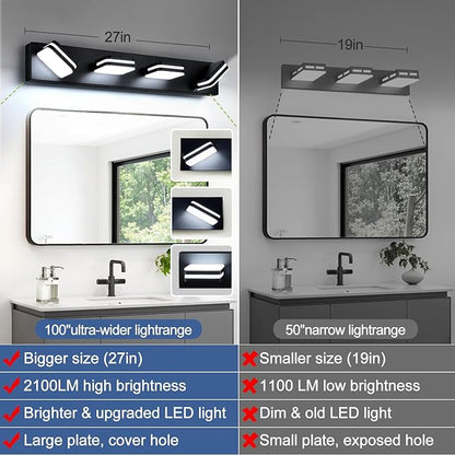 360° Rotate LED Dimmable Bathroom Vanity Light Fixtures, 1600LM Acrylic Matte Black Vanity Lights for Bathroom, Modern Wall Lighting Fixtures Over Mirror Kitchen Living (Natural White Light 5000K)
